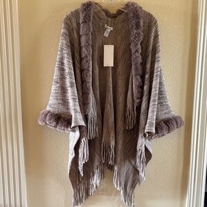 Kensie Taupe Fringe Cape with Fur Trim